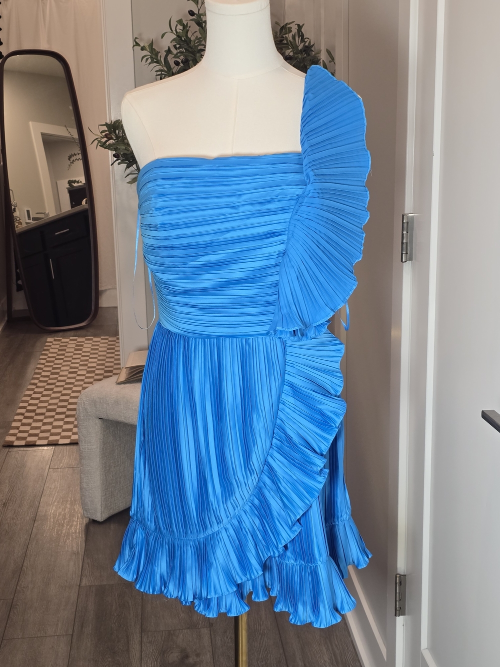 AMUR Electric Blue One-Shoulder Pleated Mini Dress